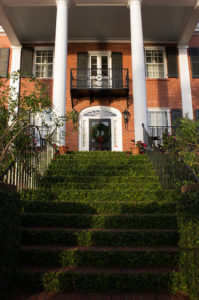 ivy covered stairs lead up to a grand brick house on the water's edge in charleston, south carolina, photographed by jamie bannon photography.