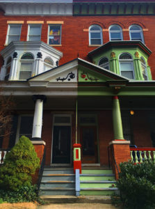 colorful row houses in baltimore maryland, photographed by jamie bannon photography.