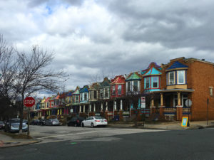colorful row houses in baltimore maryland, photographed by jamie bannon photography.