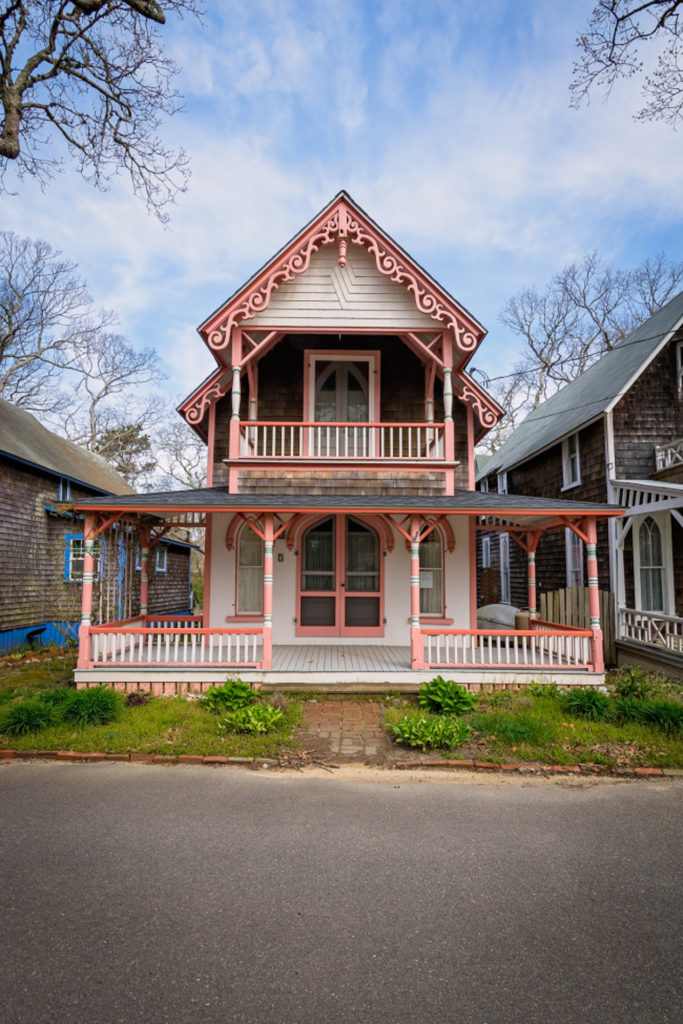 pink gingerbread house on martha's vineyard, photographed by jamie bannon photography.