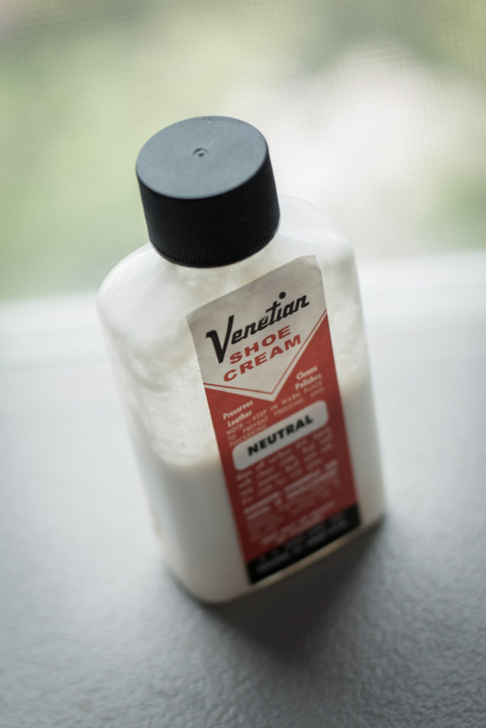 detail of venetian shoe cream at comma, vintage menswear subscription service, taken for a brand shoot by jamie bannon photography.