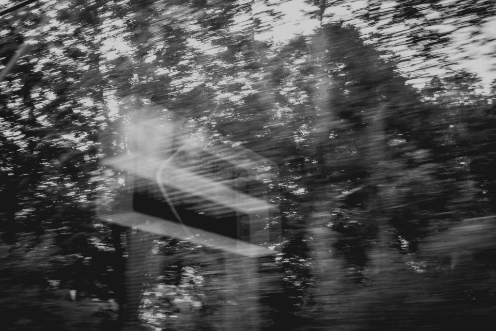 black and white image of blurred trees and a highway sign through a car window, photographed by jamie bannon photography.