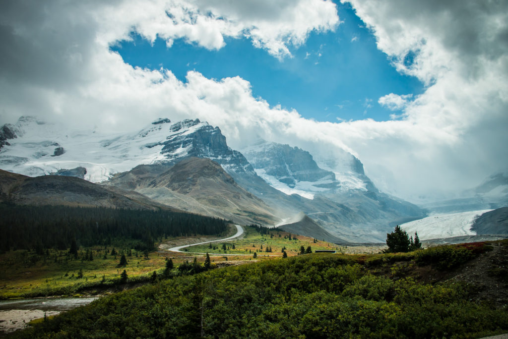 landscape with athabasca glacier on the icefields parkway through banff and jasper national parks in alberta, canada, photographed by jamie bannon photography.