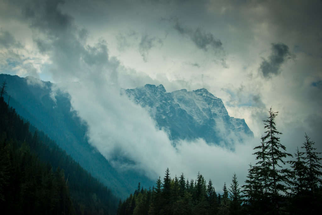 mountains draped in fog at glacier national park of canada in british columbia, photographed by jamie bannon photography.