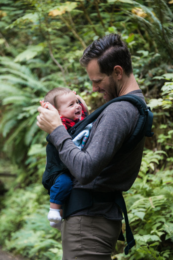 a father and baby hike the lake quinault rainforest on the olympic peninsula in washington, photographed by jamie bannon photography.