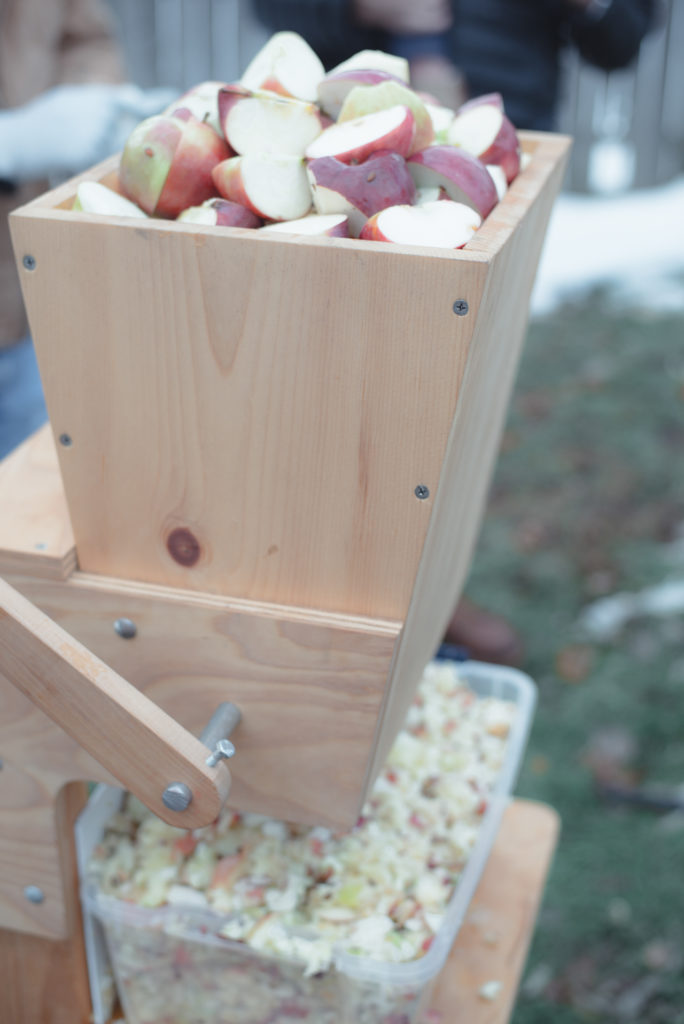 fresh cut apples are run through a cider press on a cold new england winter day, photographed by jamie bannon photography.