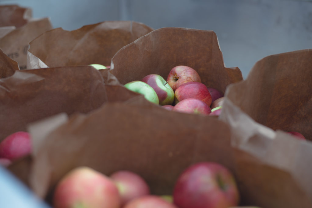 bags of fresh red apples wait to be pressed into cider on a cold new england winter day, photographed by jamie bannon photography.