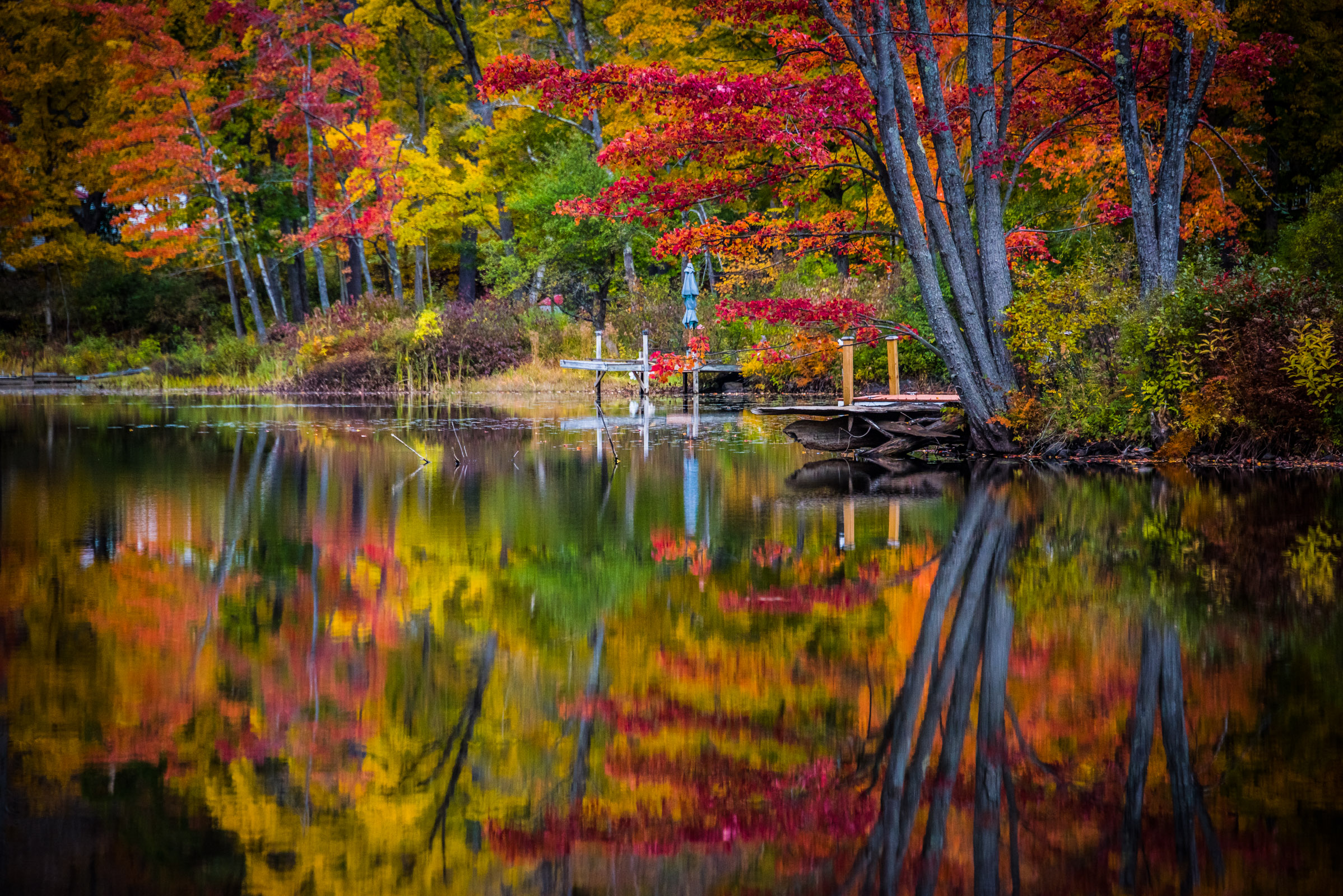 vermont landscape with colorful fall foliage reflecting in a lake, photographed by jamie bannon photography.