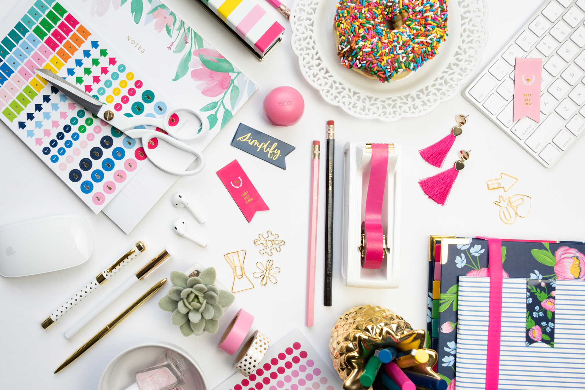 flat lay with colorful office supplies, photographed by jamie bannon photography.