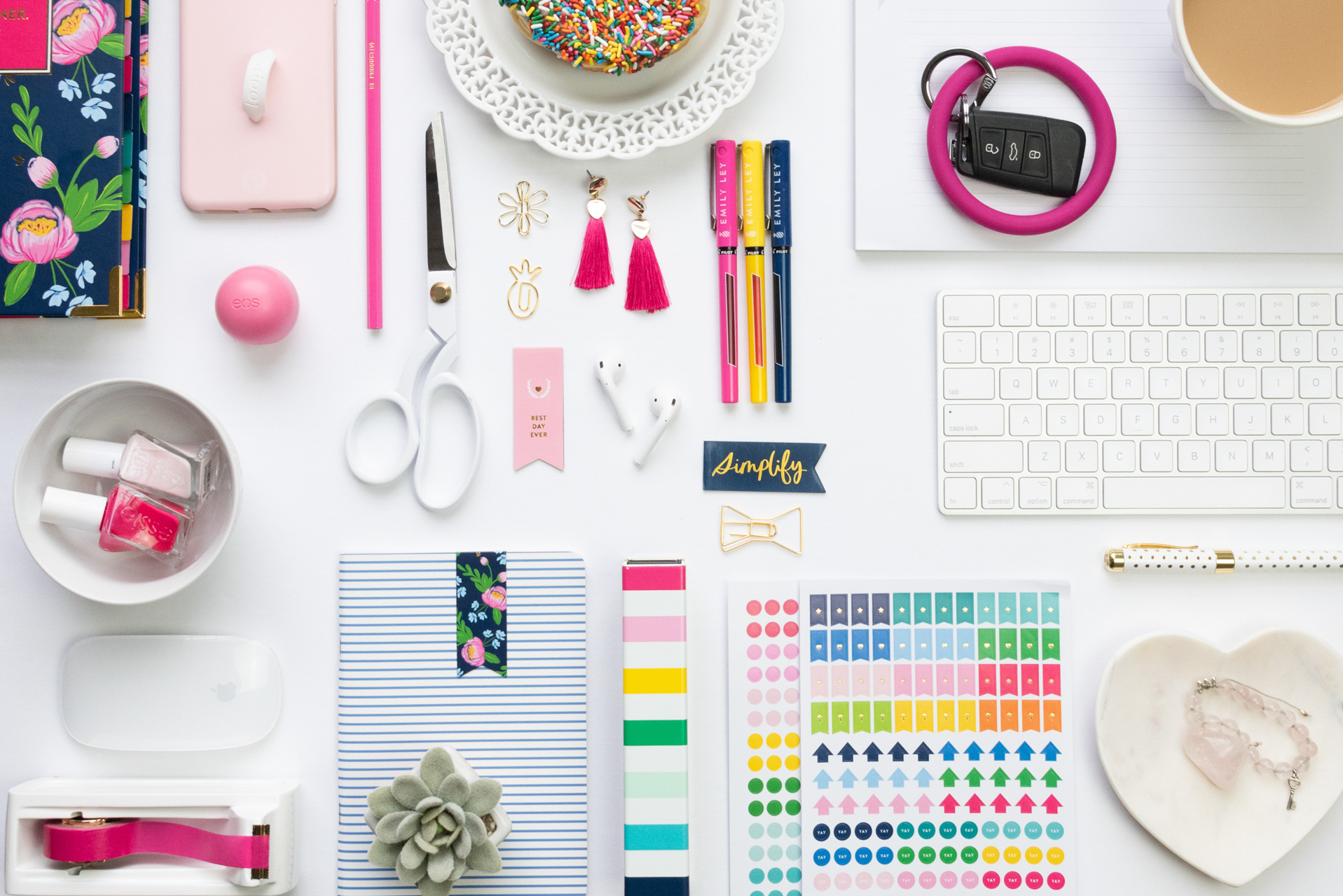 flat lay with colorful office supplies, photographed by jamie bannon photography.